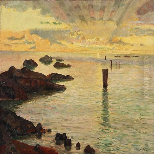 View From A Norwegian Coast At Sunrise Oil Painting by Johann Larssen