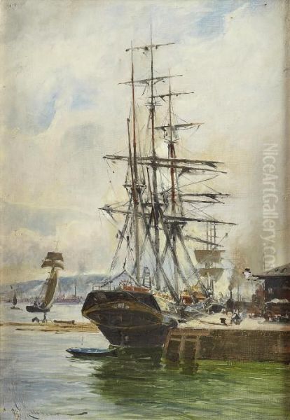 Clipper In Harbour Oil Painting by Charles James Lauder