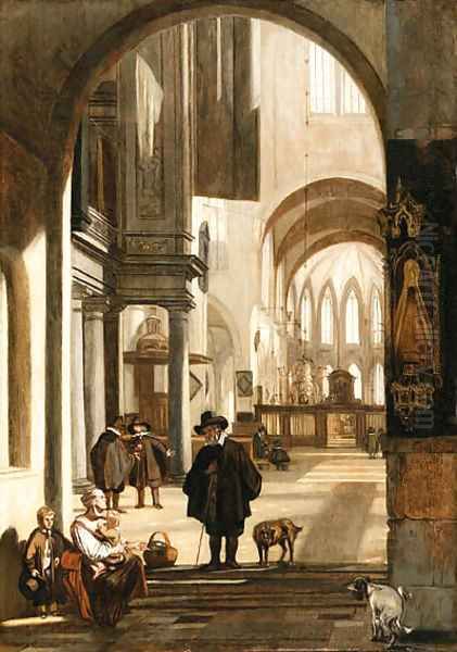 The Interior of a Gothic Church, looking down the Aisle to the Choir, with a Family begging for Alms Oil Painting by Emanuel de Witte