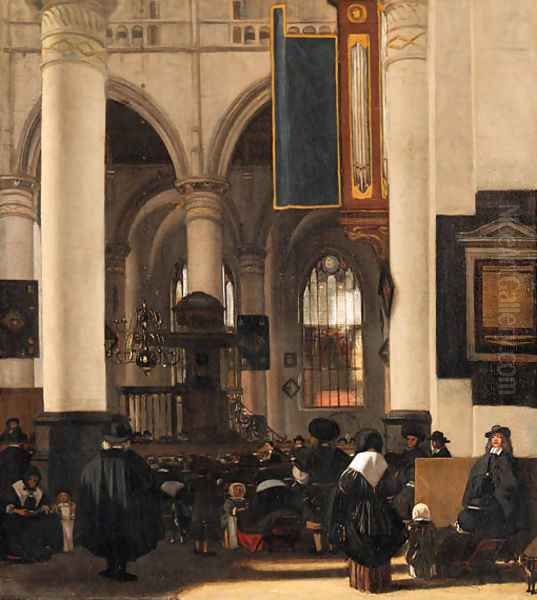 The interior of a church with a congregation listening to a sermon Oil Painting by Emanuel de Witte