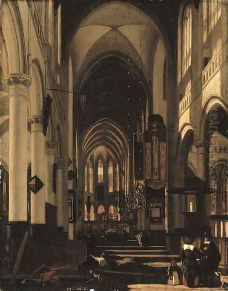 The interior of a church with two gentlemen conversing in the foreground Oil Painting by Emanuel de Witte