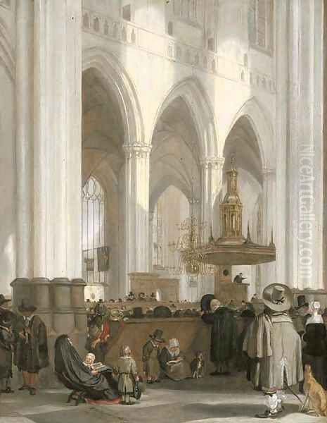 The interior of the Nieuwe Kerk, Amsterdam, looking north-east, with a sermon in progress Oil Painting by Emanuel de Witte