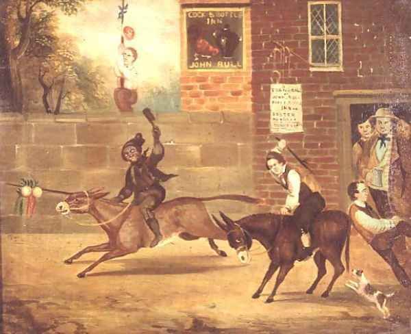 A Donkey Race outside the Cock and Bottle Inn Oil Painting by B. White