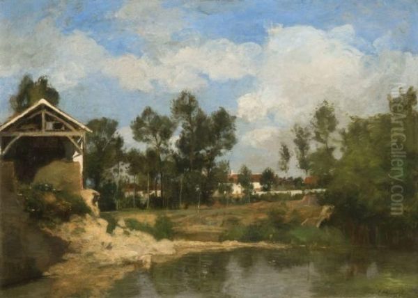 Grange Pres D'un Etang Oil Painting by Eugene Antoine Samuel Lavieille