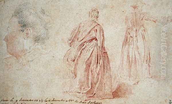 Rear View of Two Women and the Head of a Woman, 1723 Oil Painting by Watteau, Jean Antoine