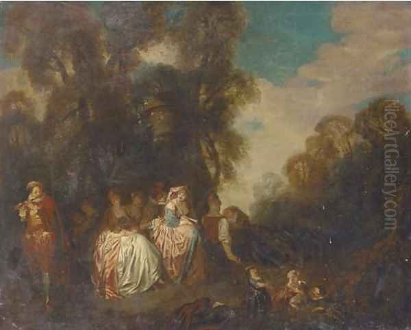 A fete champetre with elegant company listening to music Oil Painting by Watteau, Jean Antoine