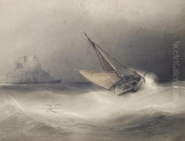 A Fishing Boat Heeling In The Breeze Off Mount Orgeuil Castle, Jersey Oil Painting by John Le Capelain