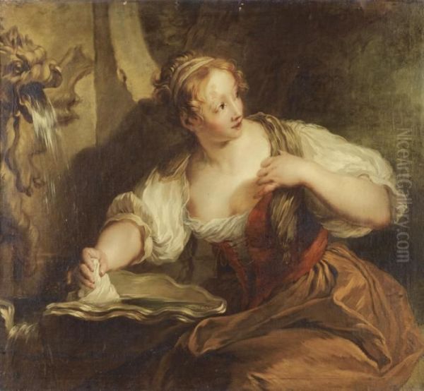 Jeune Femme A La Fontaine Oil Painting by Francois Lemoine (see Lemoyne)