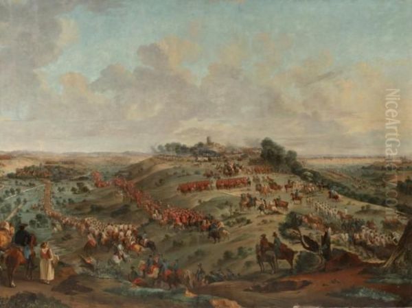 Les Mouvements De Troupes Precedant La Bataille De Fontenoy ( Oil Painting by Jean-Baptiste Le Paon