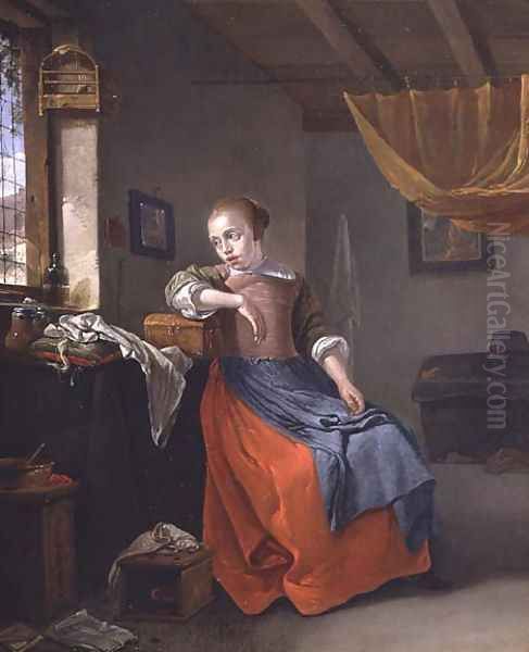 A Seated Woman in an Interior Gazing out of the Window Oil Painting by Thomas Wyck