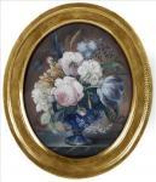 Still Lifes Of Summer Flowers In A Vase On A Marble Ledge Oil Painting by I.S.J. Le Riche