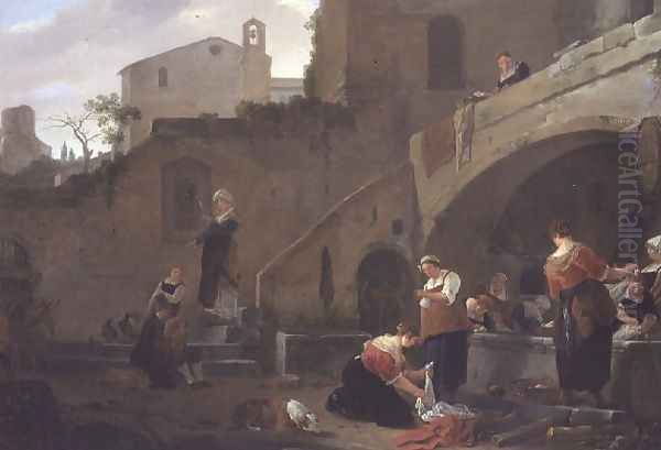 Washerwomen by a Roman Fountain Oil Painting by Thomas Wyck