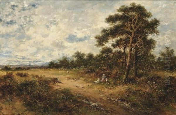 A Mother And Child With Their Dog Picnicking On The Edge Of A Heath Oil Painting by Benjamin Williams Leader