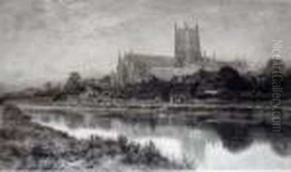 Worcester Cathedral From The River Oil Painting by Benjamin Williams Leader