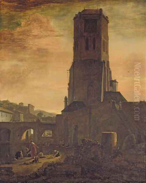 Washerwomen at the Foot of a Tower Oil Painting by Thomas Wyck