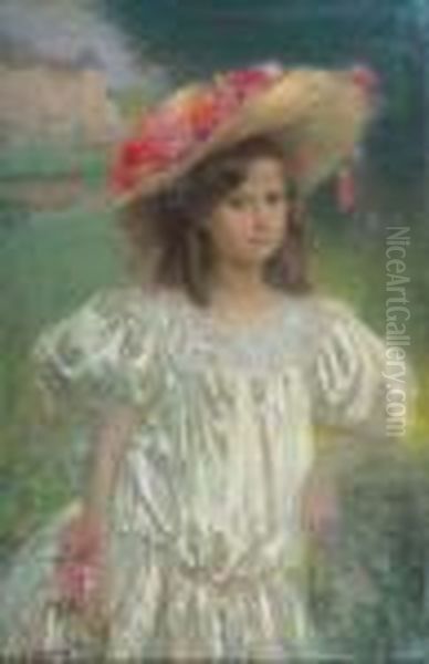 Portrait De Fillette Au Chapeau A Fleurs by Charles Leandre