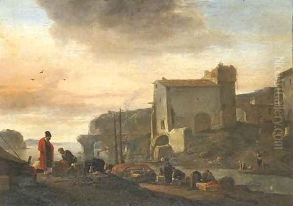 An Italianate port with stevedores unloading a ship in the foreground Oil Painting by Thomas Wyck