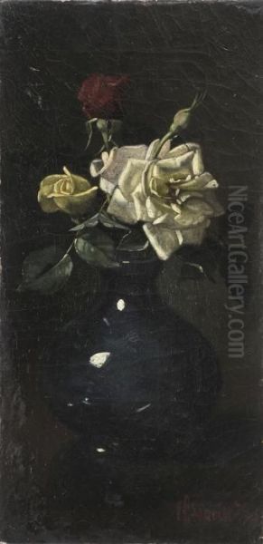 Blue Vase With Roses Oil Painting by Edward Chalmers Leavitt