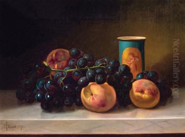 Peaches And Grapes On A Marble Tabletop Oil Painting by Edward Chalmers Leavitt