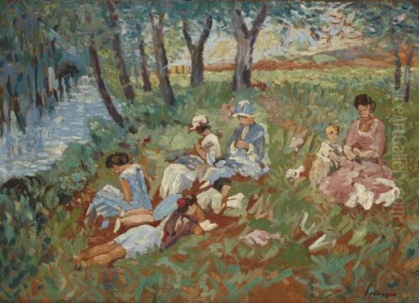 Les Andelys, La Famille Lebasque Au Bord De L'eau Oil Painting by Henri Lebasque