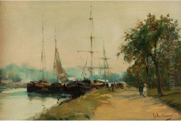 Anlegende Schiffe In Einem Kanal Mit Bewachsenem Uferweg Oil Painting by Albert Lebourg