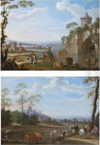 An Extensive River Landscape Oil Painting by Sebastien Jacques Leclerc Des Gobelins