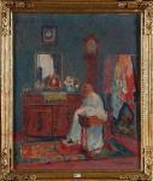 Femme A La Couture Dans Un Interieur Oil Painting by Emile Lecomte