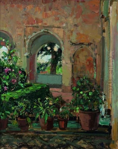 Patio Aux Fleurs Oil Painting by Paul Emile Lecomte