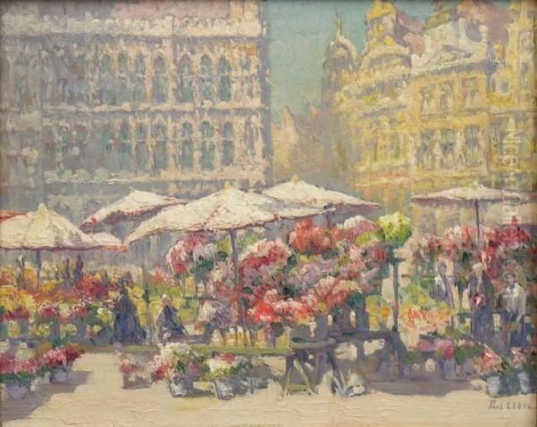 Marche Aux Fleurs Sur La Grande Place De Bruxelles Oil Painting by Paul Leduc