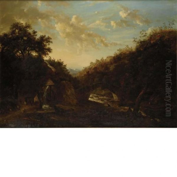 Rugged Landscape With Figures Beside A Mill Oil Painting by Frederick Richard Lee