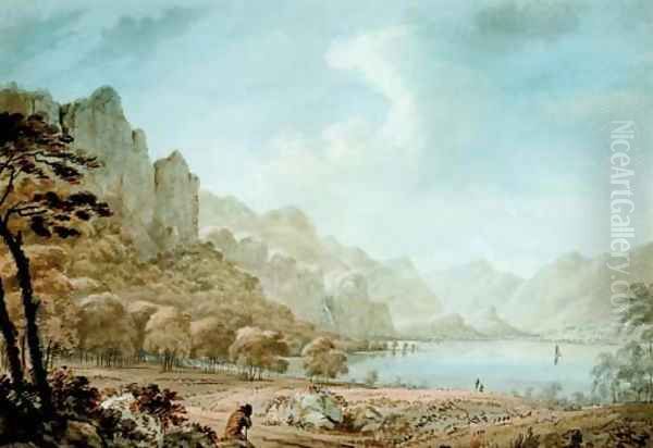 View of Derwent Water with a traveller resting in the foreground Oil Painting by Hugh William Williams