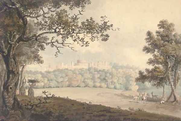 Deer grazing in the Great Park before Windsor Castle Oil Painting by Hugh William Williams