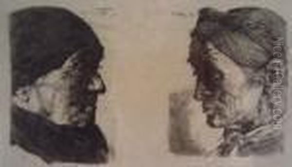 Two Portrait Heads Of Women Oil Painting by Wilhelm Leibl