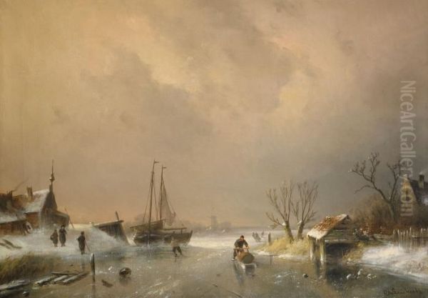 Vintervy Med Skridskoakare Oil Painting by Charles Henri Leickert