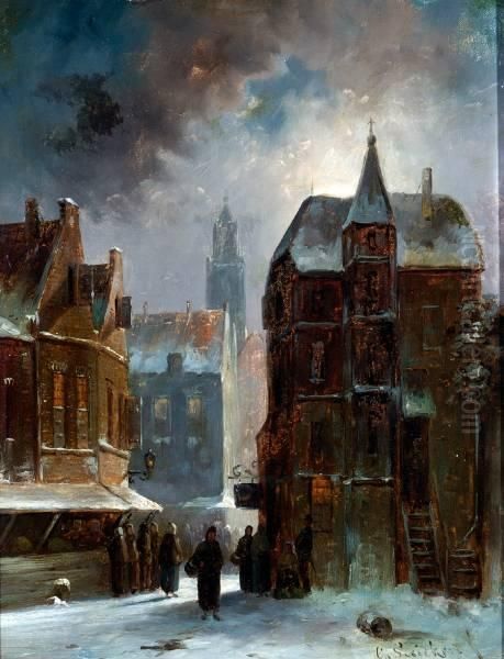 Winters Stadsgezicht Bij Maanlicht Oil Painting by Charles Henri Leickert