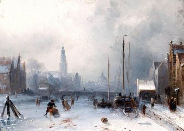 Winters Ijsvermaak Op Een Hollandse Stadsgracht Oil Painting by Charles Henri Leickert