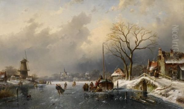 Activity On Ice Oil Painting by Charles Henri Leickert