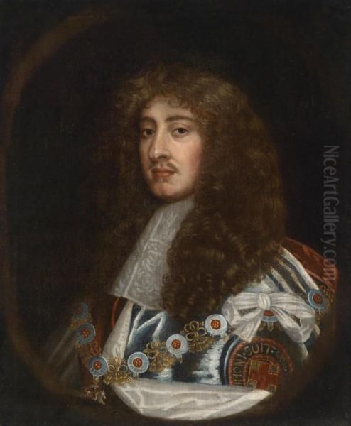 Portrait Of King Charles Ii Of England With The Regalia Of The Order Of The Garter Oil Painting by Sir Peter Lely