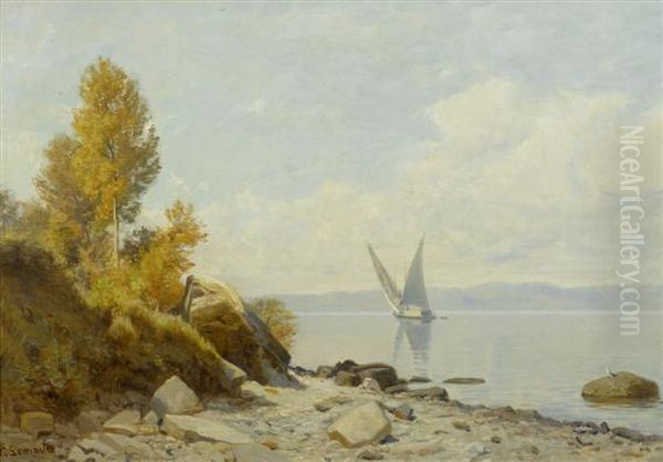 View Of Lake Geneva With Sailing Boat Oil Painting by Lemaitre Nathanael