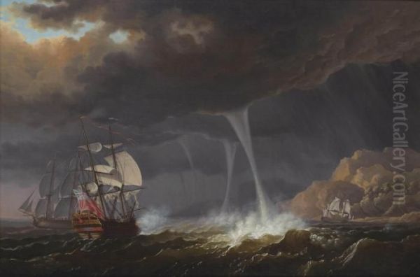 A Frigate Aground In West Indian Waters In A Tropical Storm With Waterspouts Oil Painting by Olivier Lemay