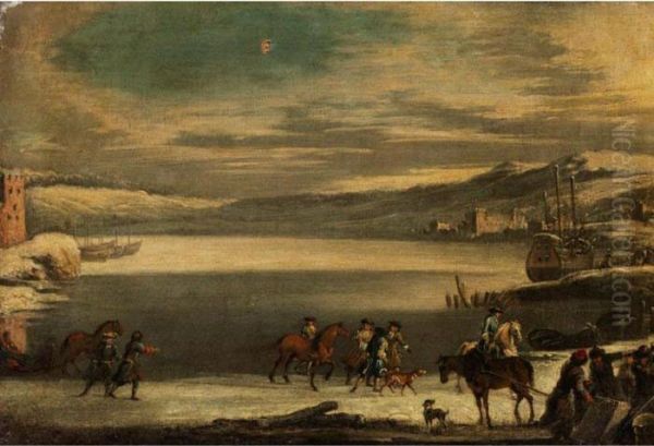 Winterliche Uferlandschaft Mit Ziehenden Reitern Oil Painting by Johann Philipp Lembke