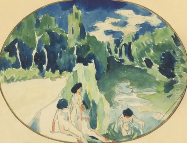 Bathers On The Sura Oil Painting by Aristarkh Vasilievic Lentulov