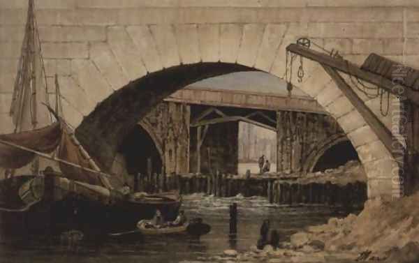 Barges Moored Near New London Bridge Oil Painting by John Ward