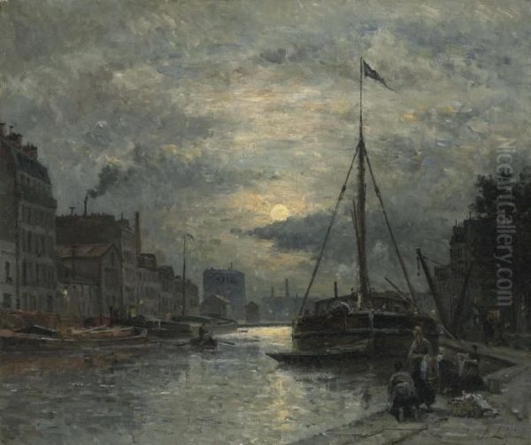 Le Canal Saint-martin Au Clair De Lune Oil Painting by Stanislas Lepine