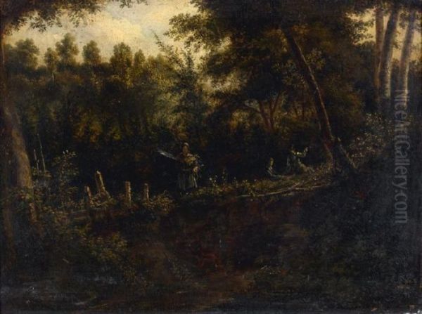 Paysanne Et Deux Adolescents Dans Un Sous-bois Oil Painting by Robert Leopold Leprince