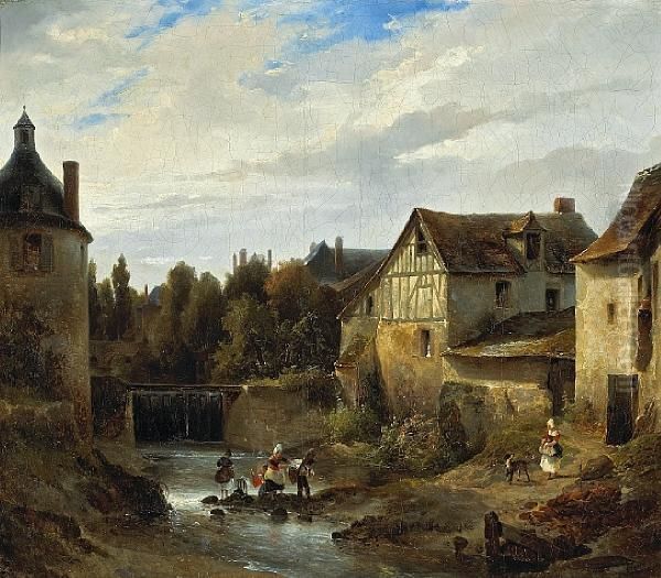 A View Of A Village With Women Washing Clothesin A Stream Oil Painting by Robert Leopold Leprince