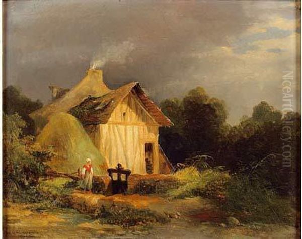 Paysanne Devant Une Chaumiere Oil Painting by Robert Leopold Leprince