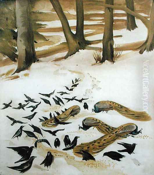 Birds Feeding in the Snow Oil Painting by Madeline Wyndham