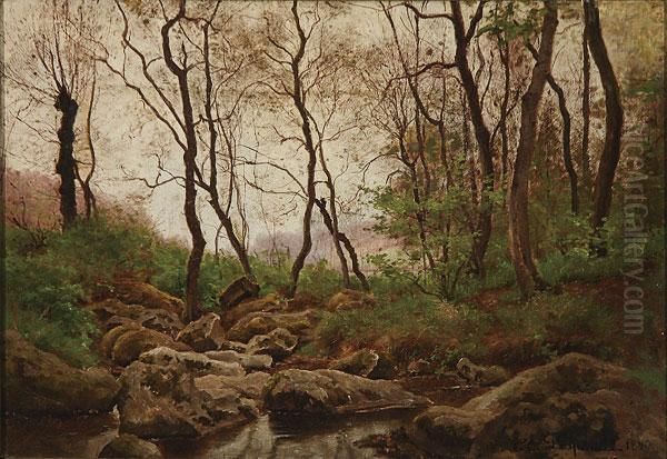 Wooded Landscape With Stream- 1890 Oil Painting by Theodore Lespinasse