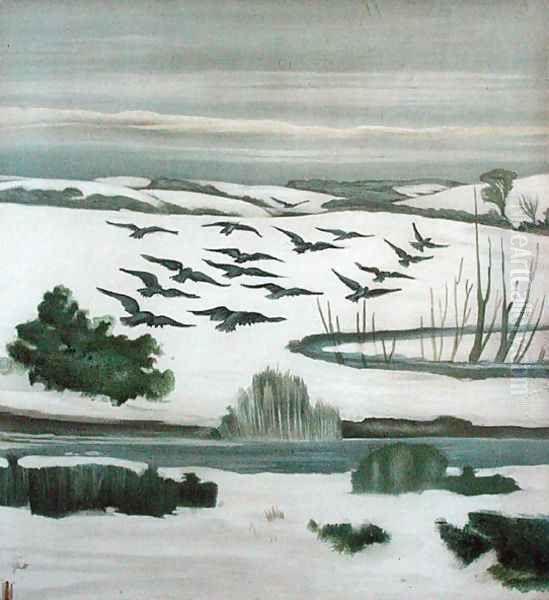 Rooks flying over a winter landscape Oil Painting by Madeline Wyndham